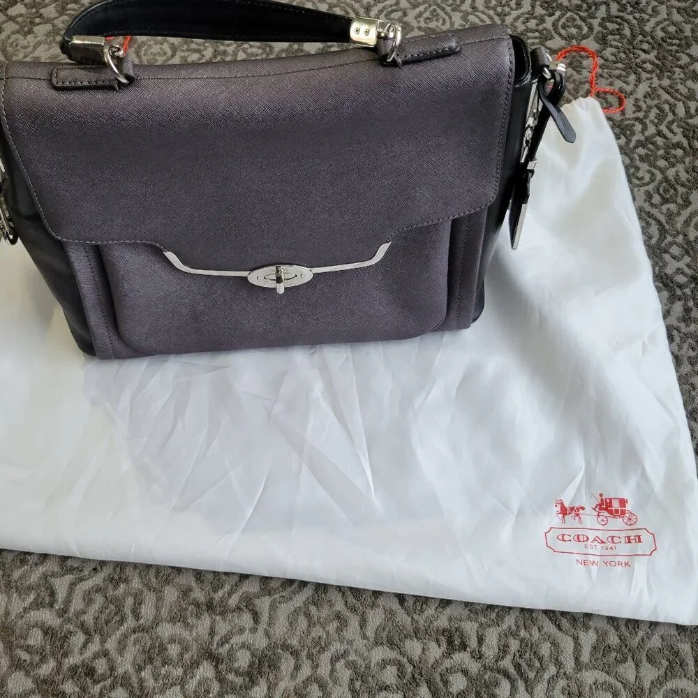 Coach Madison Sadie Flap Satchel with dust bag. metallic grey color.